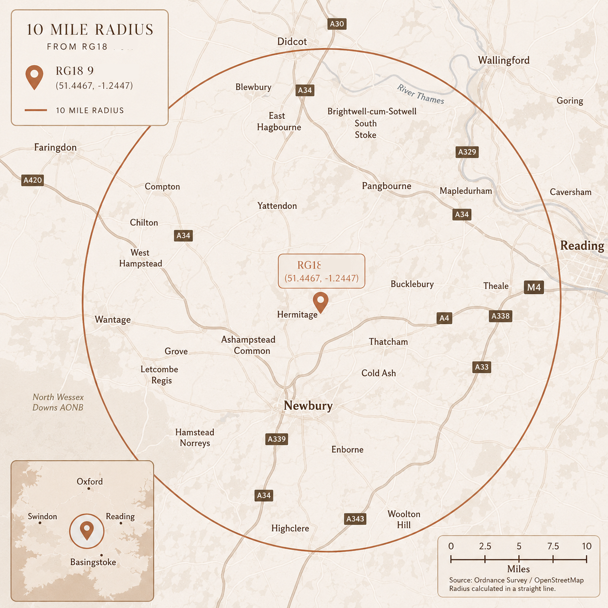 Coverage map showing the area around RG18